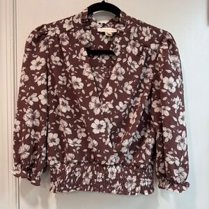 Monteau Los Angeles‎ Floral Blouse Womens Large Brown White Long Sleeve